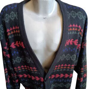 XL 80s Vintage Graphix Cardigan Sweater Ugly Geometric Pattern Black Cosby